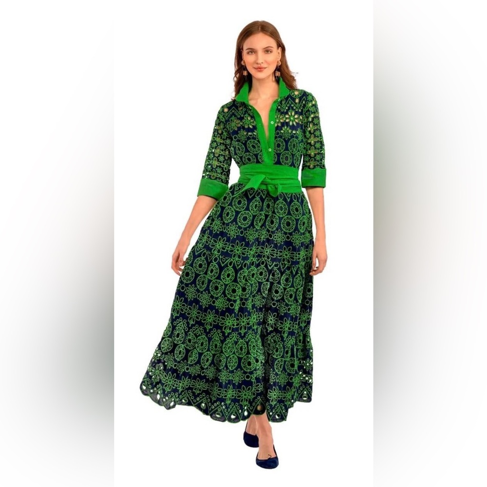 Gretchen Scott Designs Green and Navy Little Bo Peep eyelet midi dress